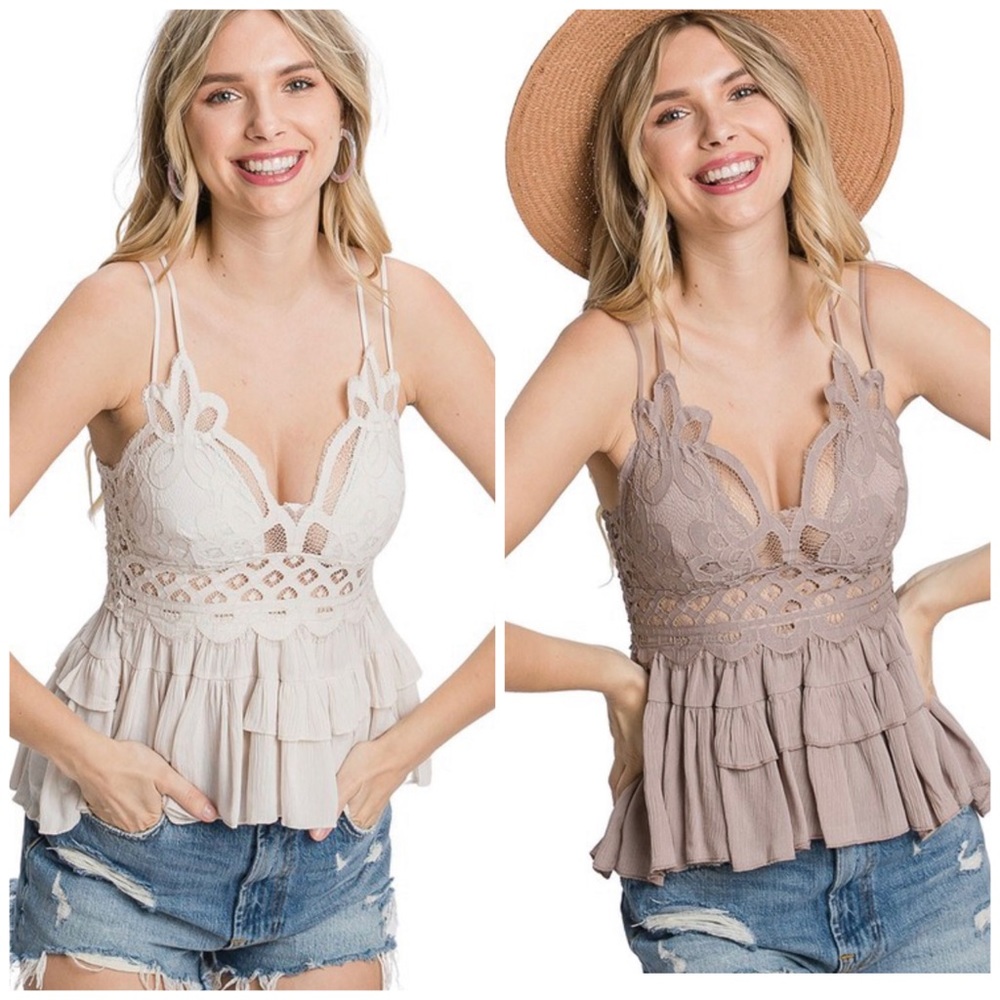 Elegant Lace Peplum Blouse - Cream and Tan